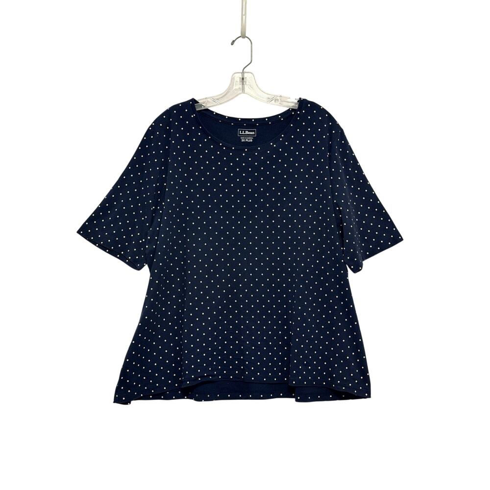 L.L. Bean Jewelneck Tee Elbow Sleeve Polka Dot Navy Blue White Womens 3X Cotton